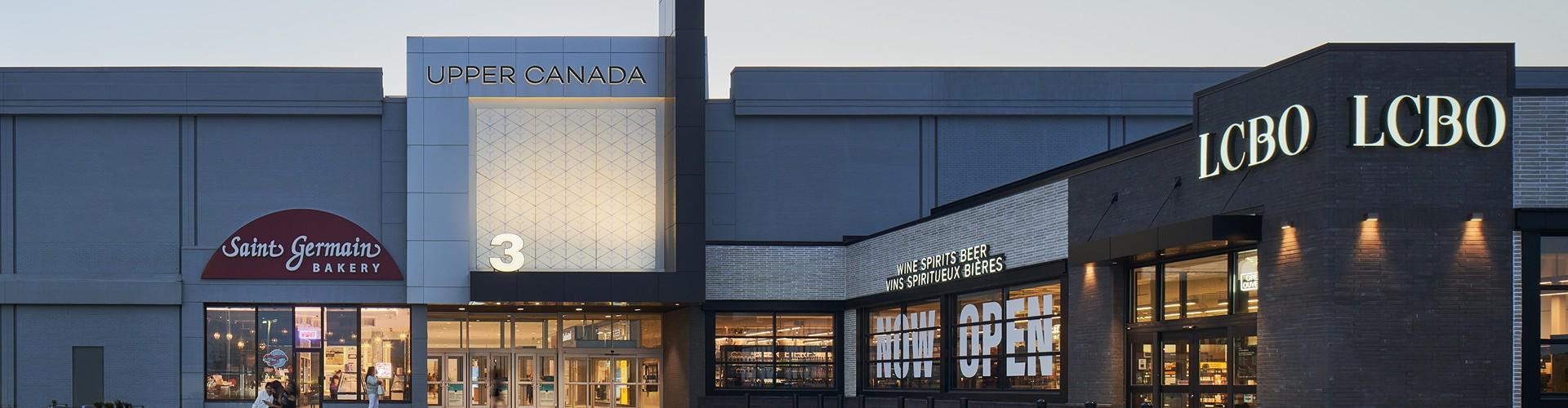Upper Canada mall exterior at dusk with Saint Germain Bakery and LCBO