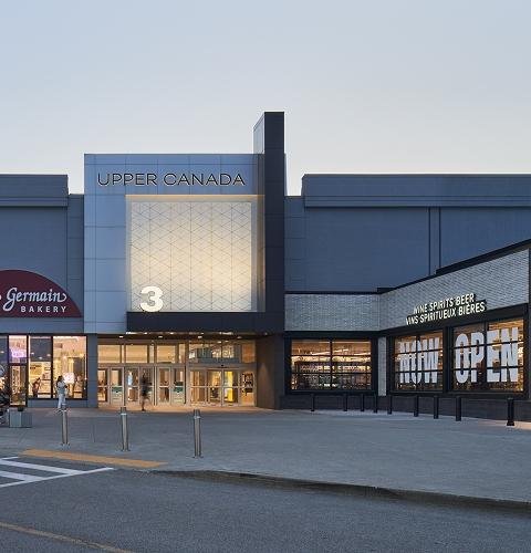 Upper Canada mall exterior at dusk with Saint Germain Bakery and LCBO