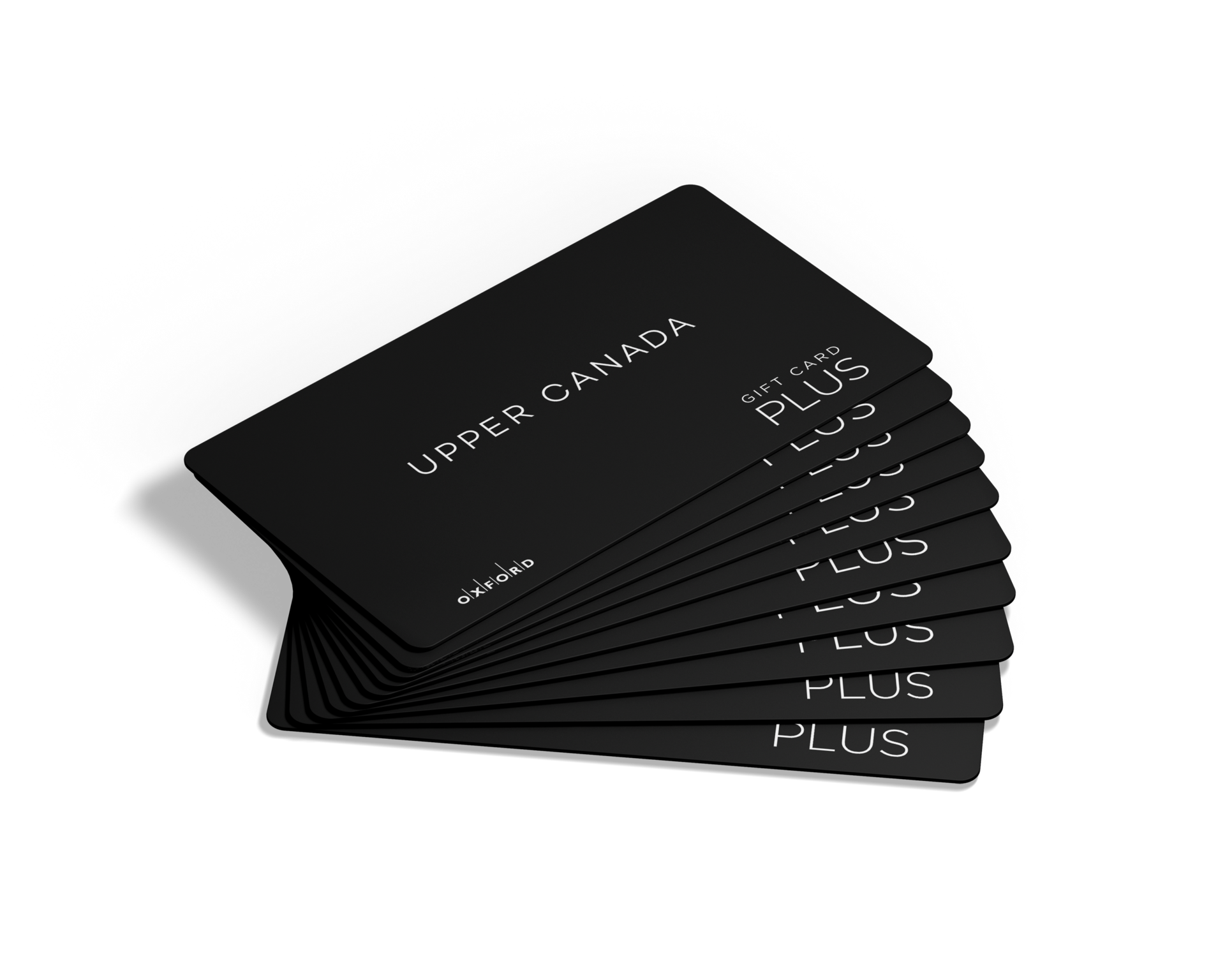 Fan of black Upper Canada Gift Card Plus cards on a white background