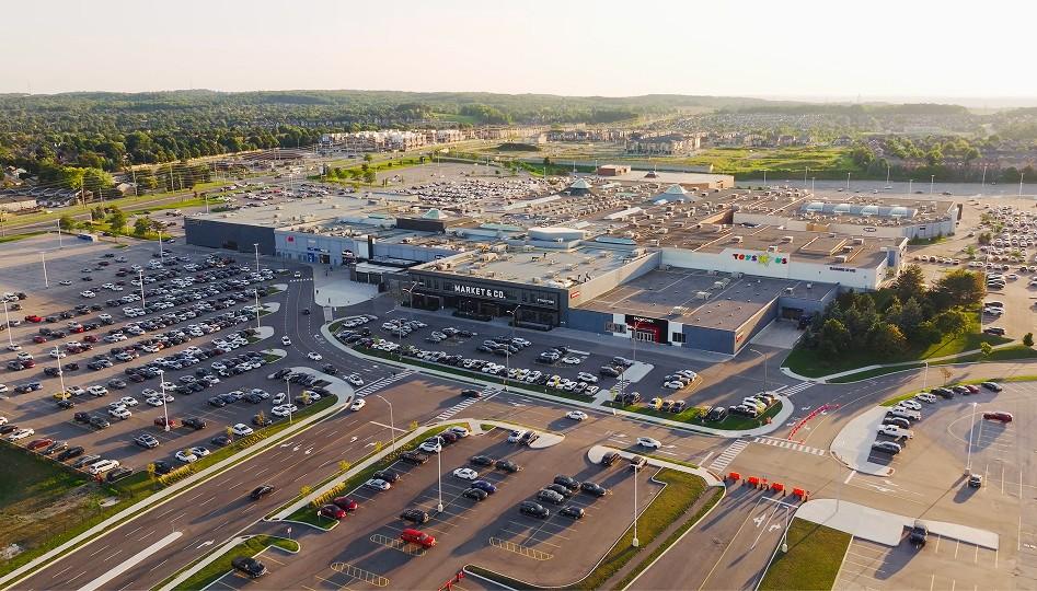 Aerial view of the Upper Canada mall with Market & Co. and parking at sunset