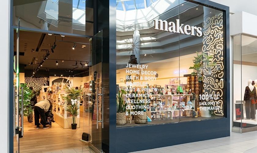 Makers store front in the mall selling jewellery, home decor and art