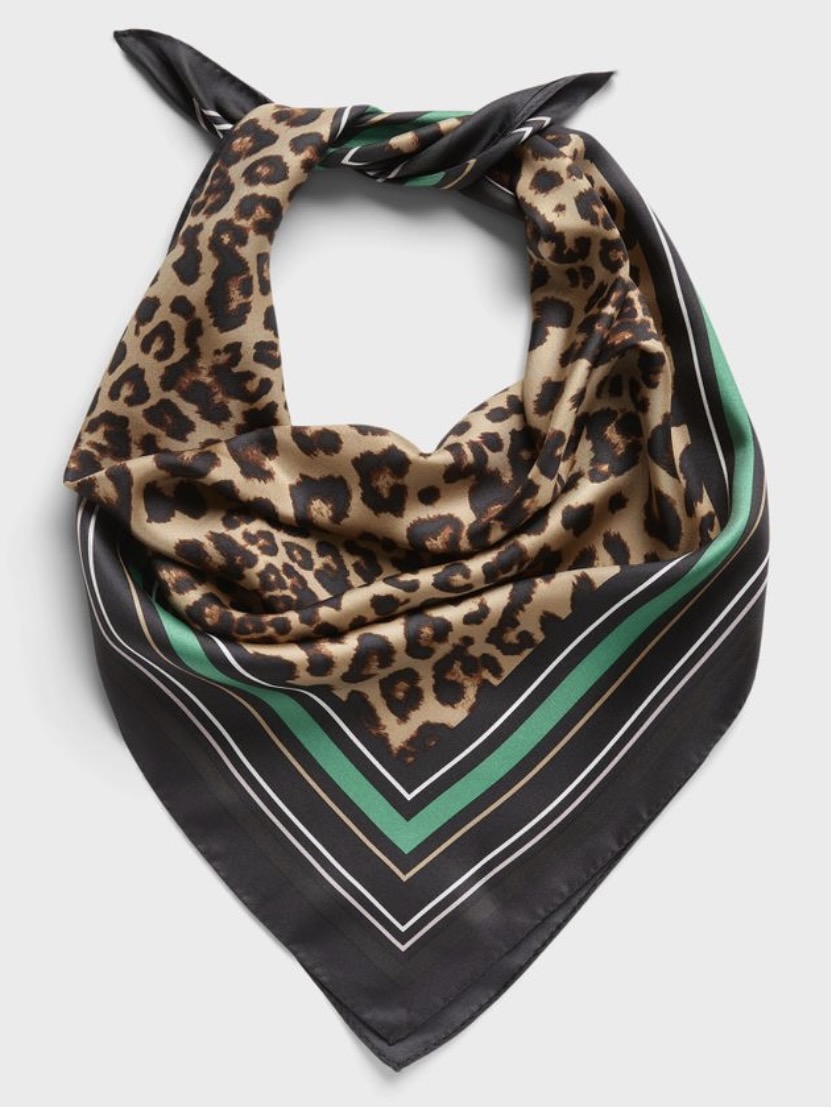 Leopard print with green stripe silk scarf from Banana Republic