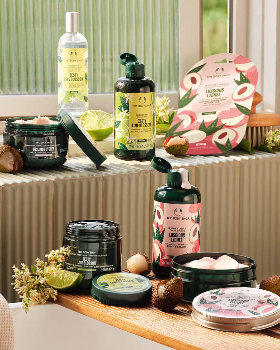 Various the Body Shop products on a shelf