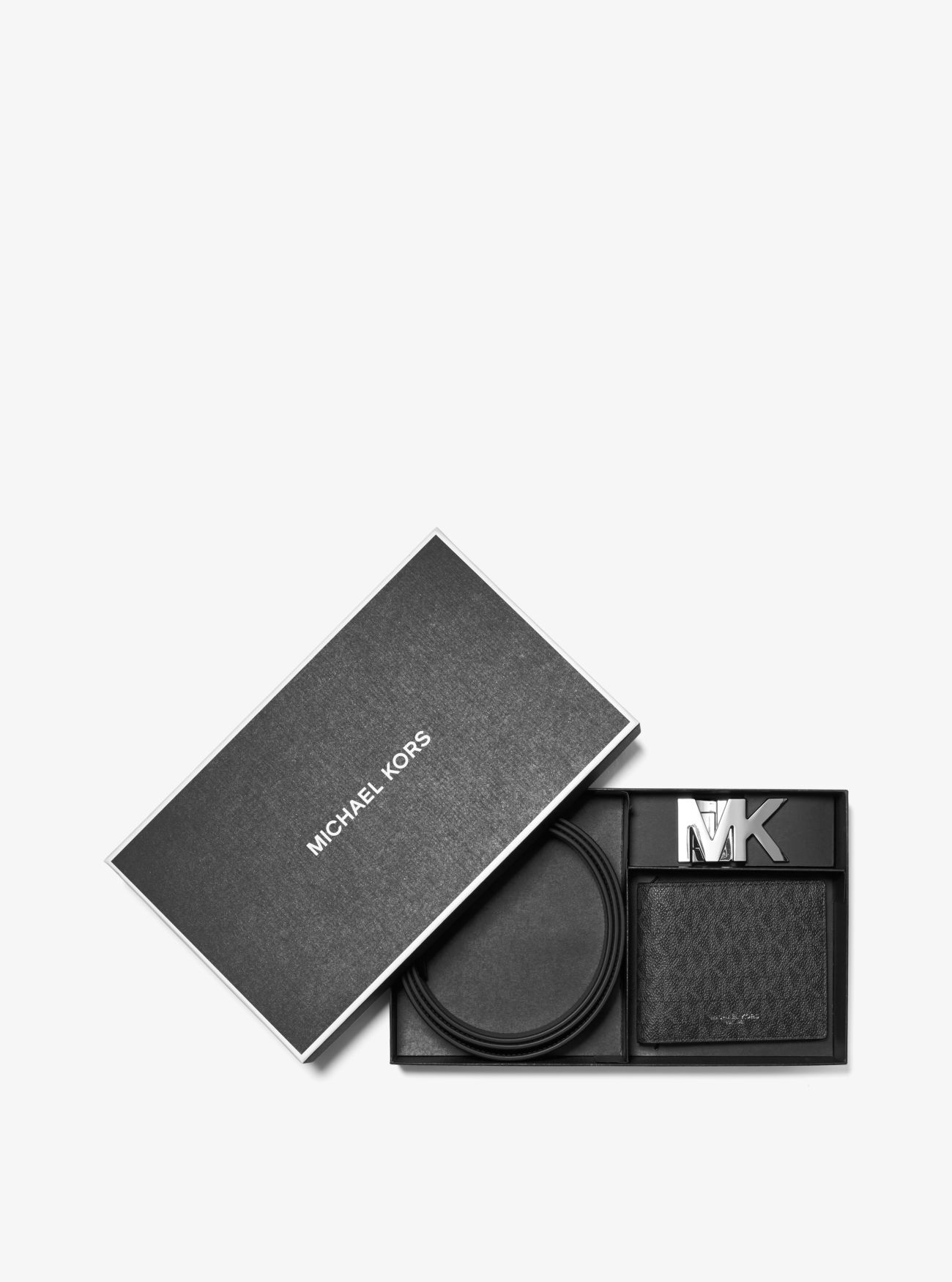 image of a michael kors gift set featuring a black wallet and black belt