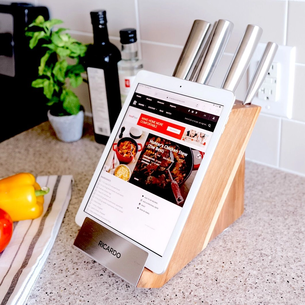 image of a wooden knife block featuring a tablet holder with a tablet in place