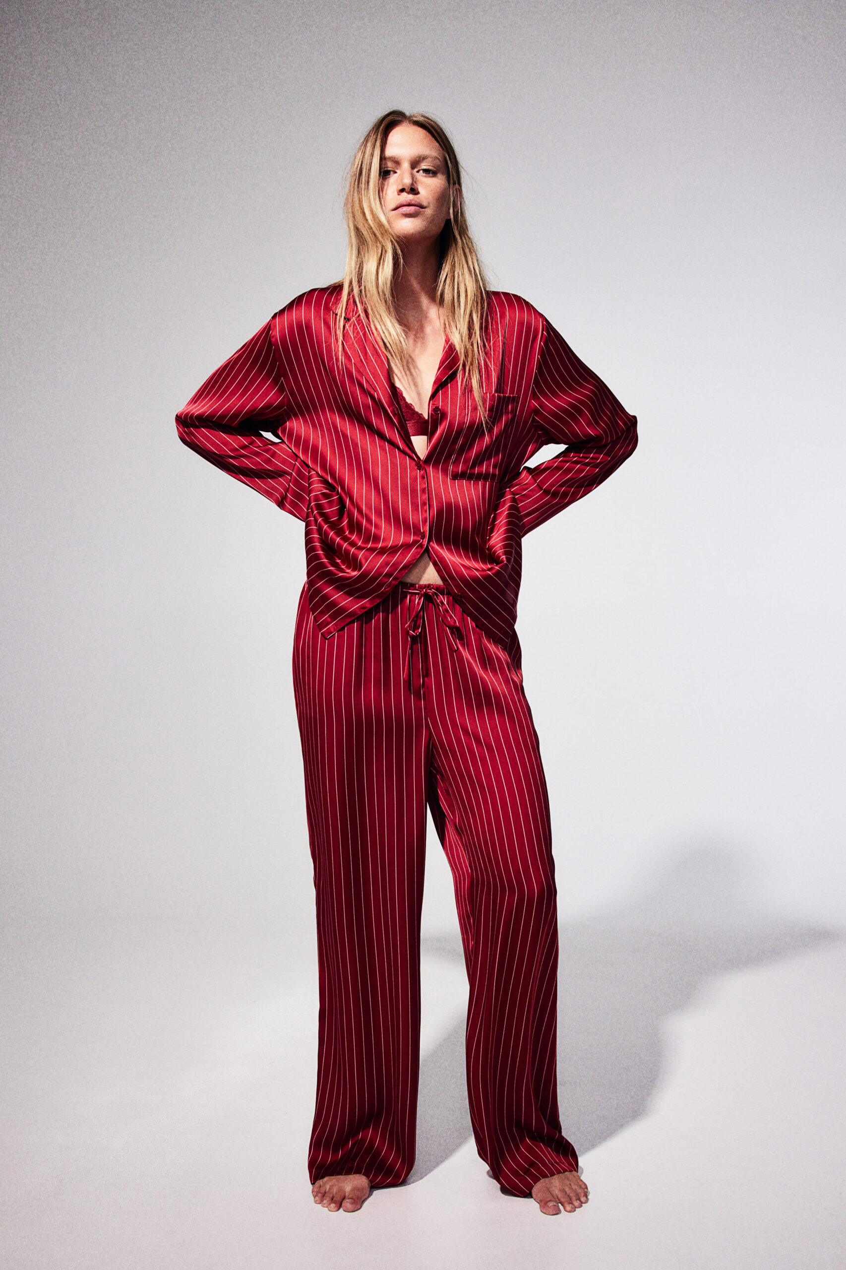 Red satin pajama set for women