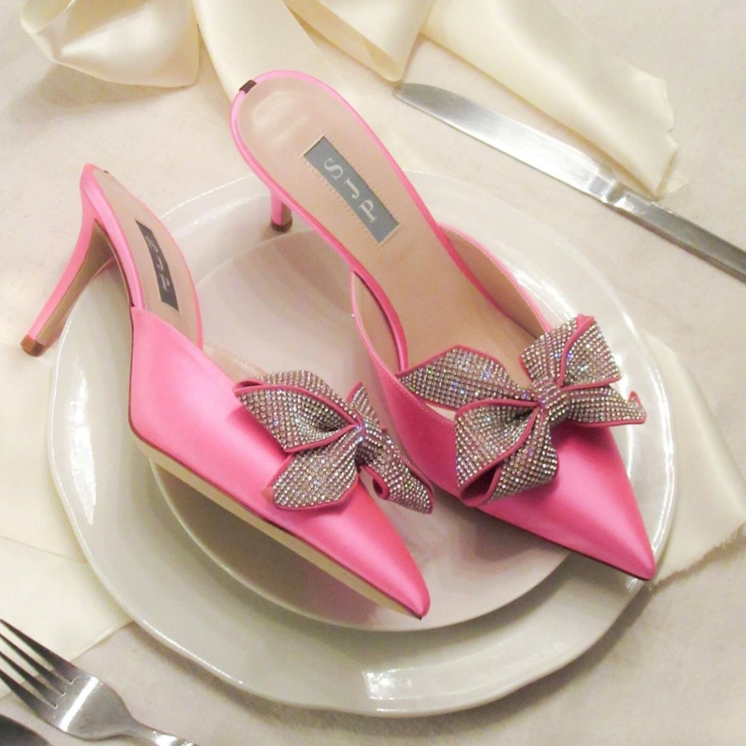 Pink shoes with kitten heel and bow from Browns Shoes