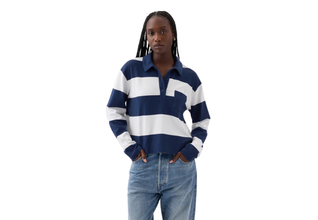 Gap Cropped Rugby Polo Shirt white and navy blue striped