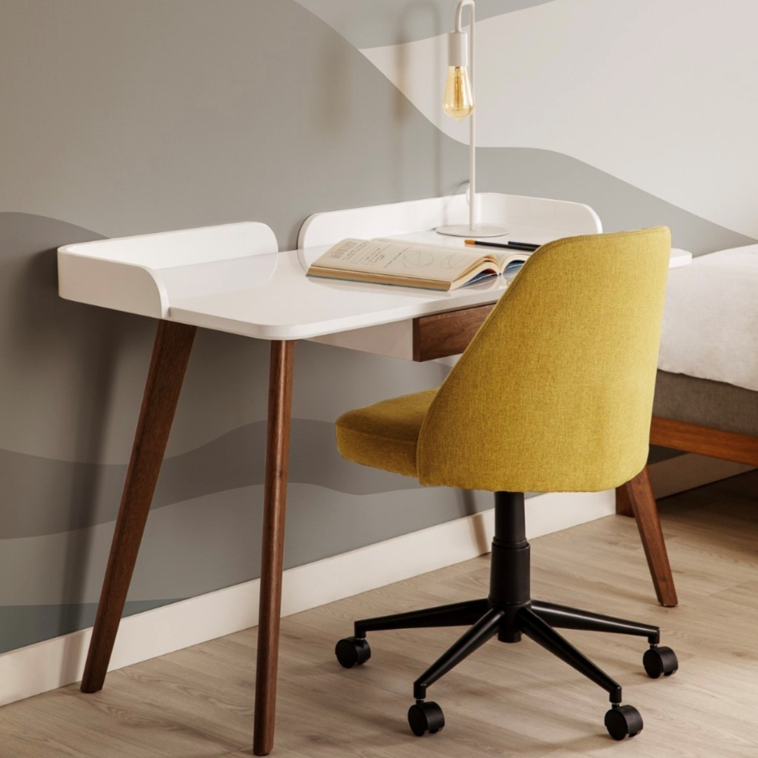 white wooden desk with yellow desk chair from structube