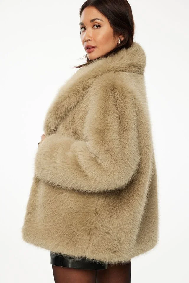 neutral faux fur coat from dynamite