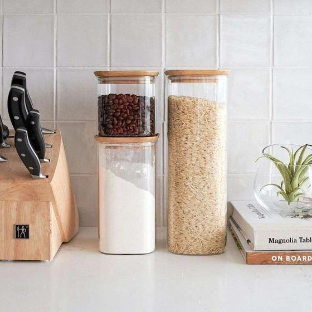 storage containers on countertop from linen chest