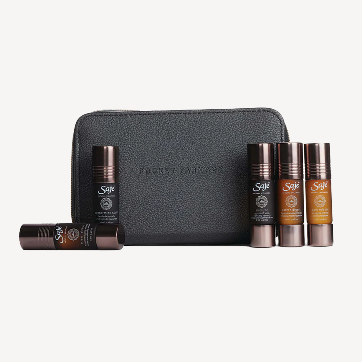 5 piece wellness sampler kit in charcoal coloured bag