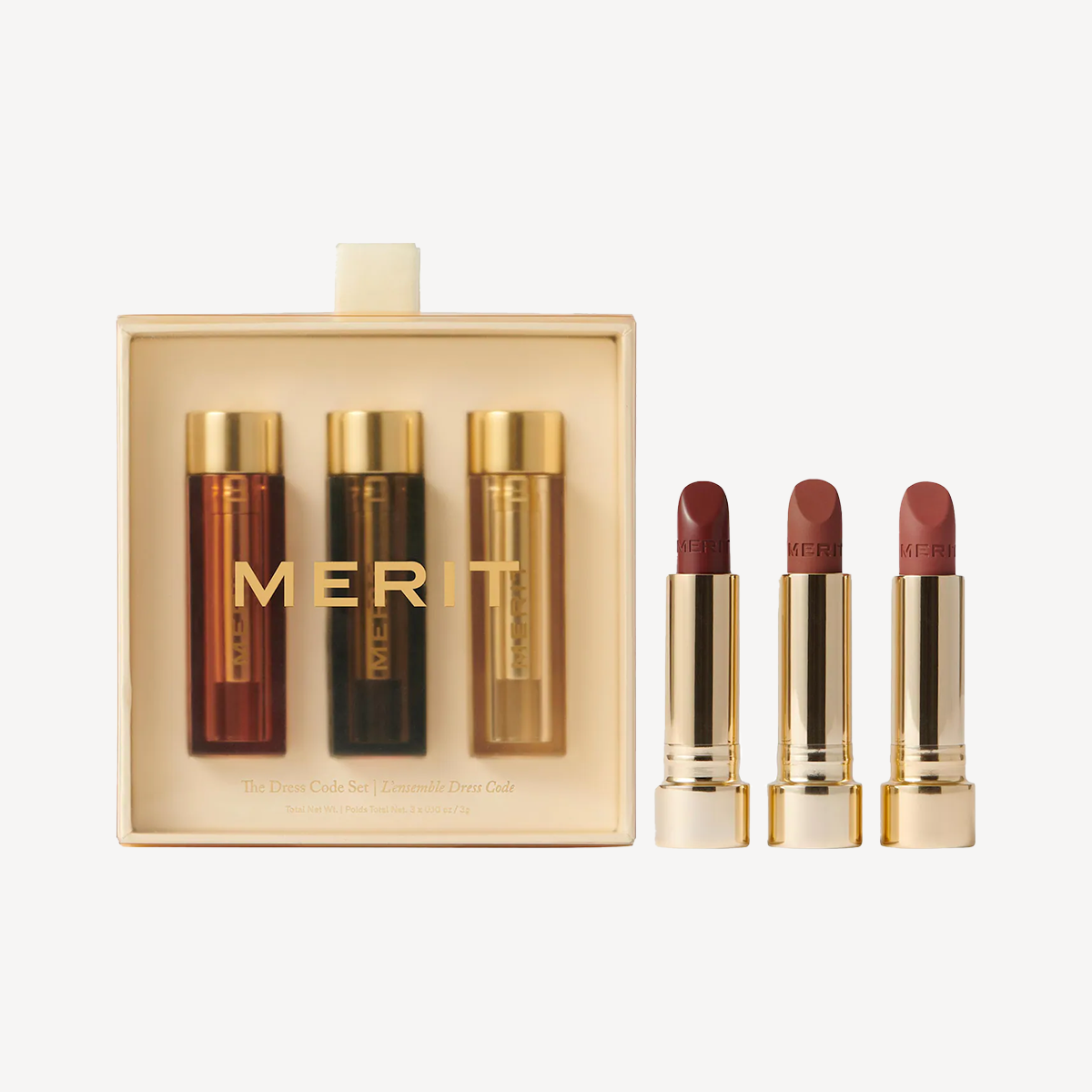 3 piece lipstick set: varying shades of red in gold tubes