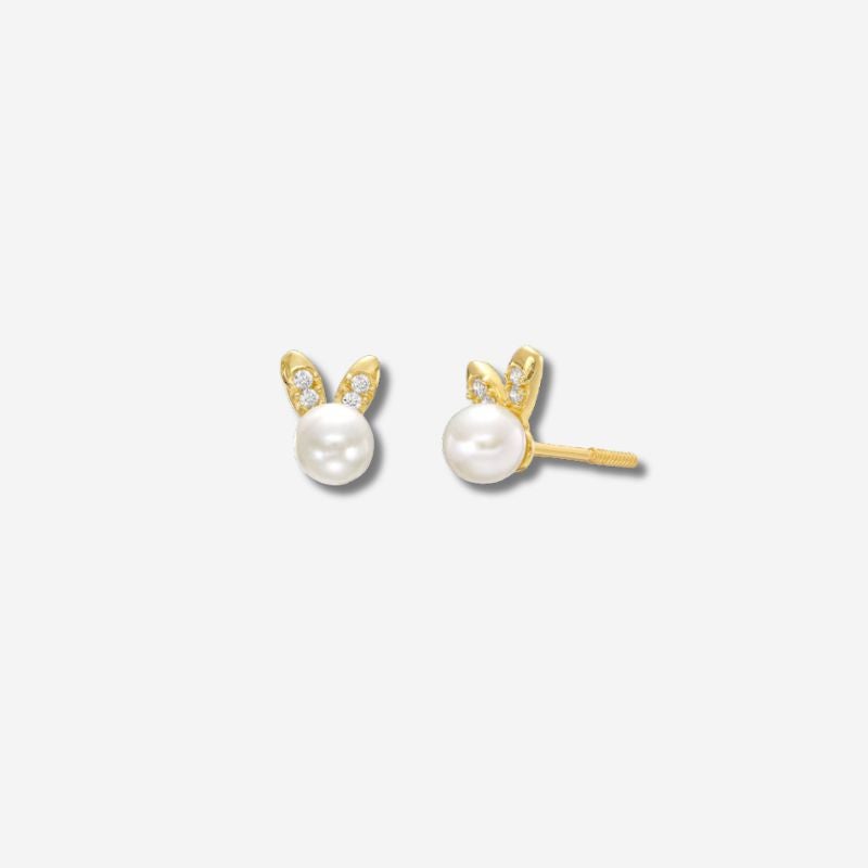 Freshwater Cultured Pearl and Cubic Zirconia Bunny Ear Stud Earrings in 14K Gold